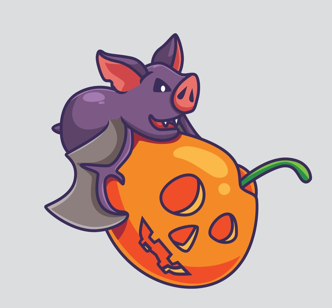 süßer Baby-Fledermaus-Vampir, der eine süße Frucht isst. isolierte illustration des karikaturtierhalloween-ereigniskonzepts. flacher Stil geeignet für Aufkleber-Icon-Design Premium-Logo-Vektor. Maskottchen Charakter vektor