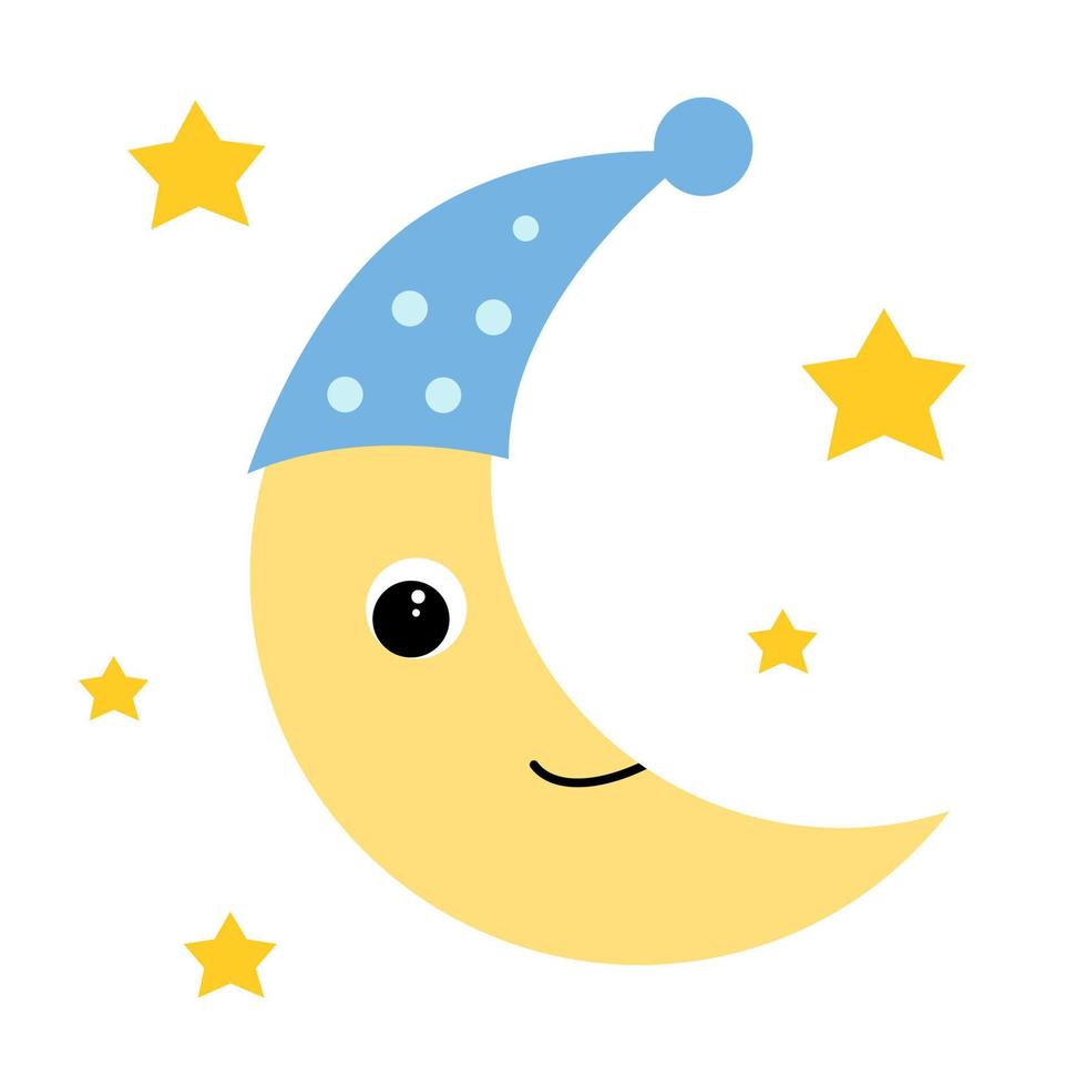 süßer einfacher mondcharakter und sterne. Vektorillustration im Cartoon-Stil. mond mit einem nightcap.sweet traum und kindheitskonzept vektor