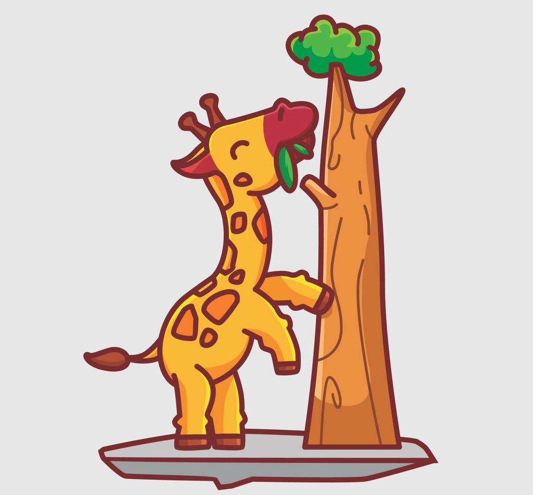 söt giraff äter en blad på de träd. tecknad serie djur- natur begrepp isolerat illustration. platt stil lämplig för klistermärke ikon design premie logotyp vektor. maskot karaktär vektor