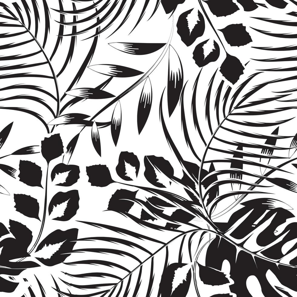 vintage tropische monstera palmblätter nahtloses muster mit pflanzenlaub auf weißem hintergrund. schwarze Naturverzierung. Waldtapete. tropischer Hintergrund. Naturmuster. alte dschungelillustration vektor