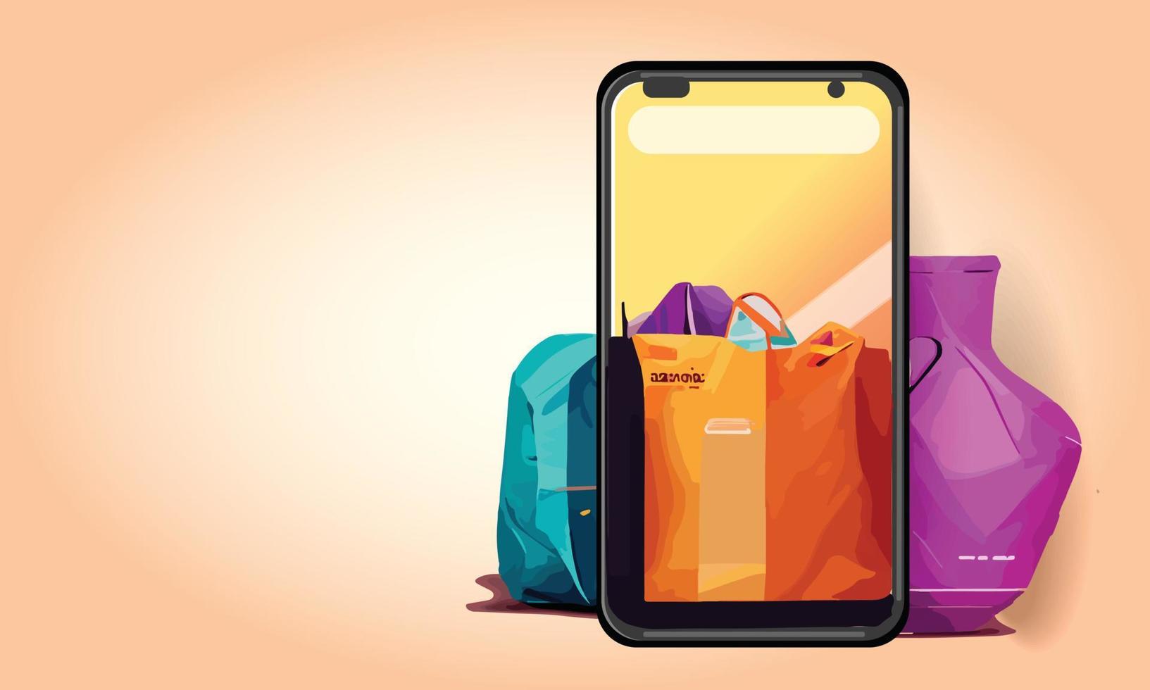 Online-Shopping oder Lieferkonzept Illustration 3D-Vektor zeigen Trolley, Taschen und Kisten. modernes, trendiges Design in leuchtenden Farben auf dem Smartphone vektor