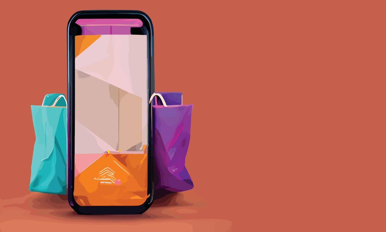 Online-Shopping oder Lieferkonzept Illustration 3D-Vektor zeigen Trolley, Taschen und Kisten. modernes, trendiges Design in leuchtenden Farben auf dem Smartphone vektor