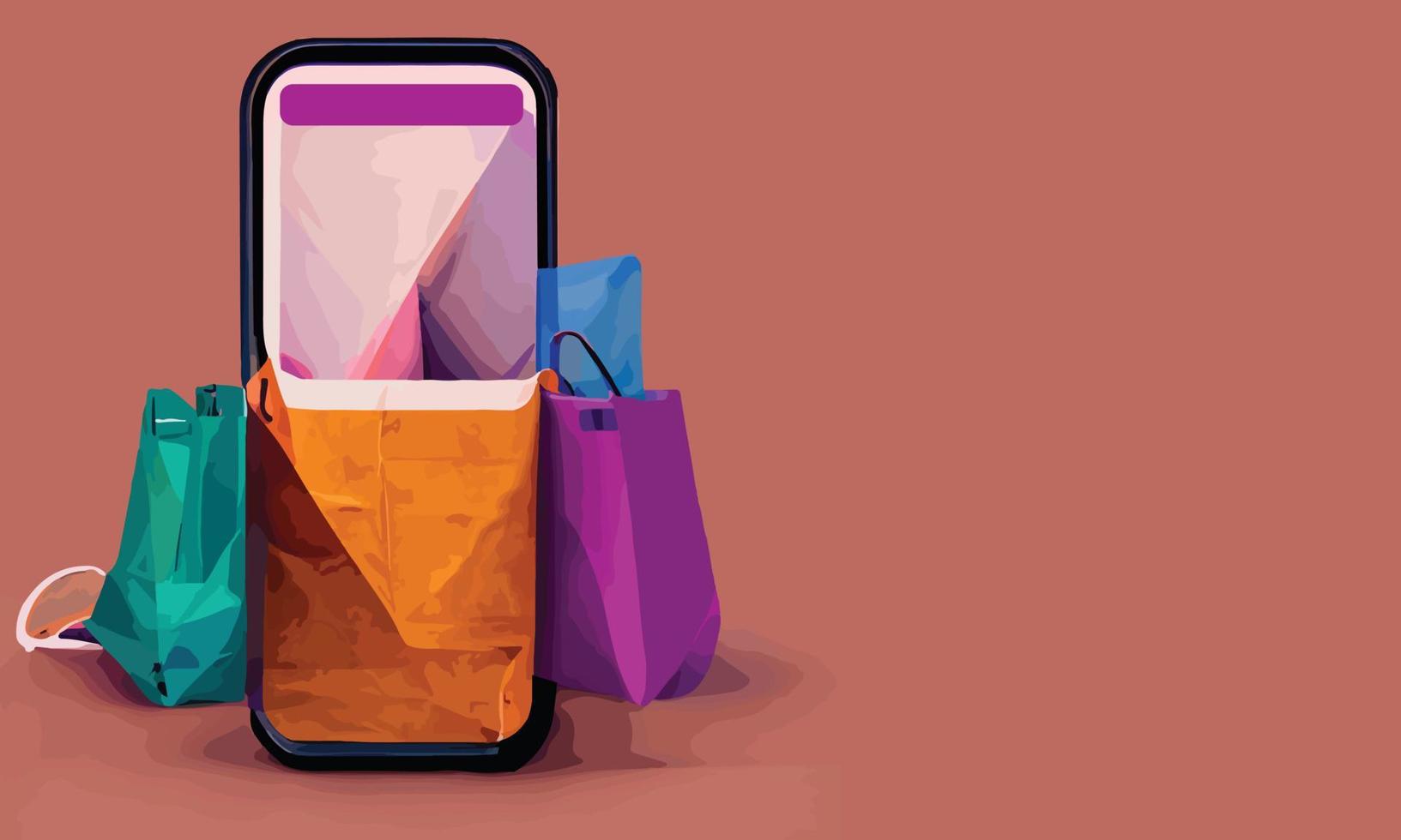 Online-Shopping oder Lieferkonzept Illustration 3D-Vektor zeigen Trolley, Taschen und Kisten. modernes, trendiges Design in leuchtenden Farben auf dem Smartphone vektor