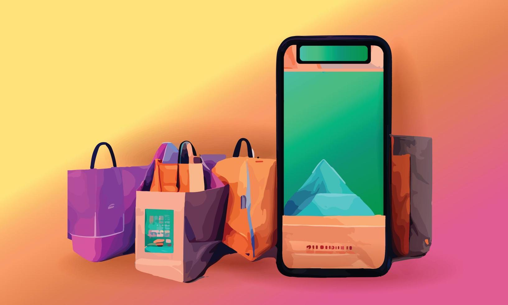 Online-Shopping oder Lieferkonzept Illustration 3D-Vektor zeigen Trolley, Taschen und Kisten. modernes, trendiges Design in leuchtenden Farben auf dem Smartphone vektor