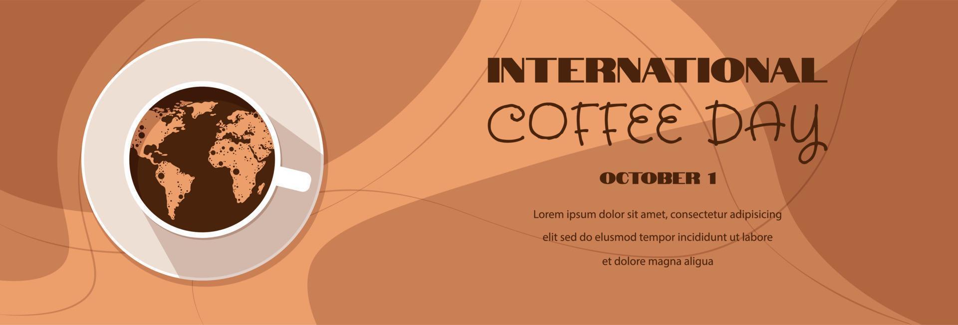 vektorillustration, kaffeetasse mit schaum bildet eine karte der welt. geeignet für Banner, Poster, Grußkarten, Logo, Symbol oder Vorlage. Internationaler Tag des Kaffees. horizontales Banner. vektor