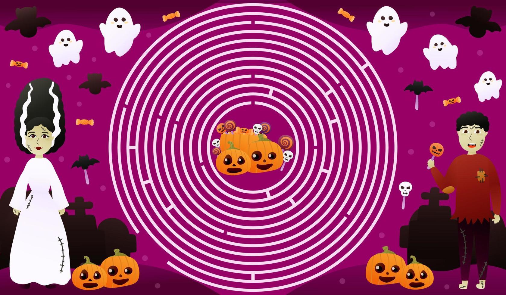 Kreislabyrinth für Kinder mit farbenfrohem Halloween-Charakter, Weg zu Süßigkeiten finden, niedliche Kürbisgesichter und fliegende Geister auf lila Hintergrund, druckbares Arbeitsblatt für Halloween oder Kinderbücher vektor