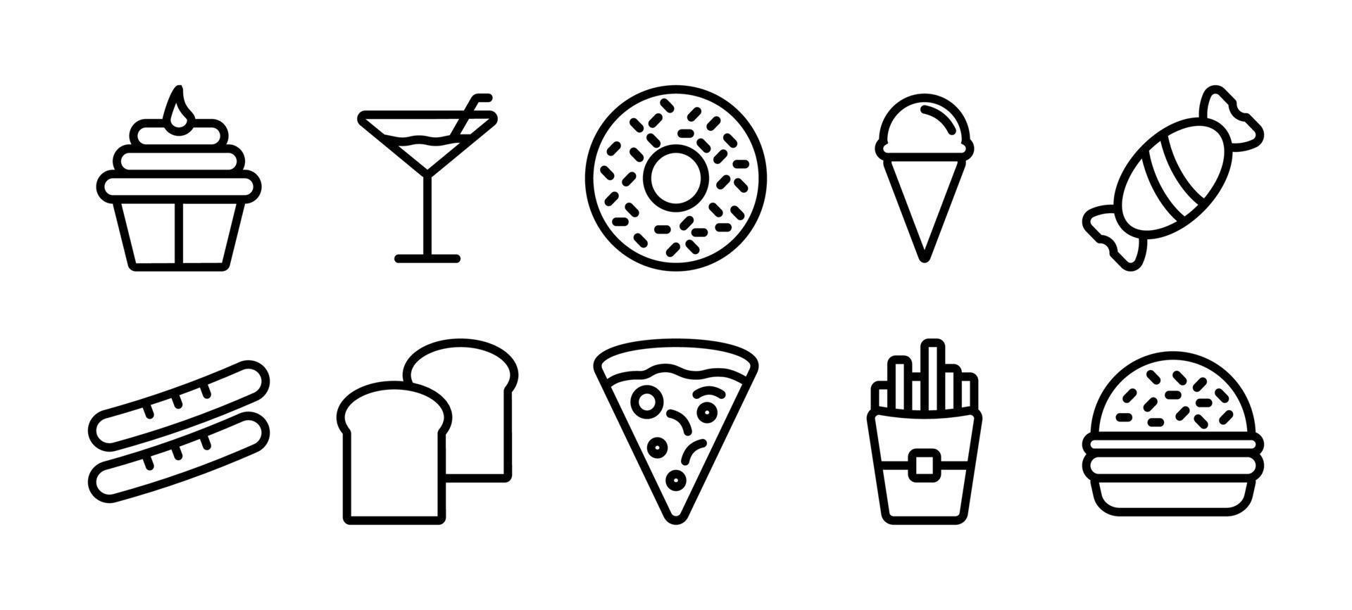 Reihe von Lebensmittelsymbolen. Thin Line Food Icons Collection, Set von Food Icon Collection in schwarzer Farbe für Website-Design, Designelemente für Ihre Projekte. vektorillustration, lebensmittelikone in der modernen einfachen vektor