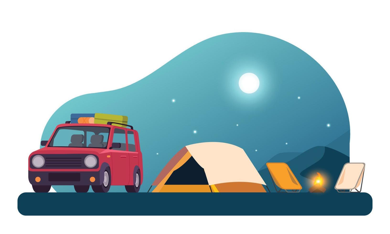 bilar, tält, lägereldar och natt landskap fast i de skog resa och camping äventyr vektor