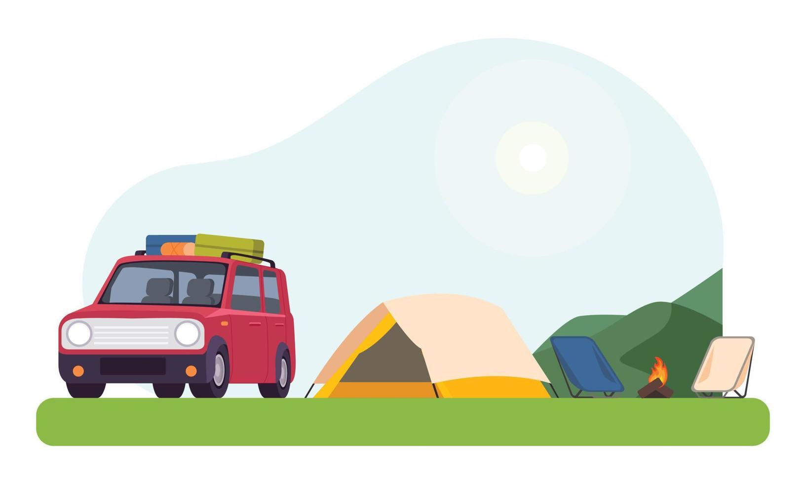 Autos, Zelte, Lagerfeuer und Outdoor-Picknick-Ausrüstung für Waldreisen und Campingabenteuer vektor