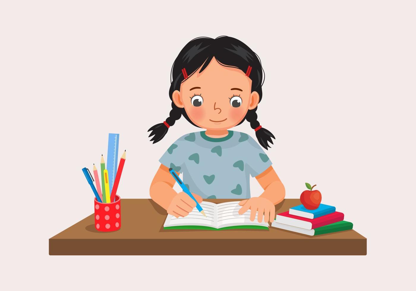 söt liten flicka Sammanträde på de skrivbord studerar skrivning på anteckningsbok håller på med henne läxa på Hem vektor