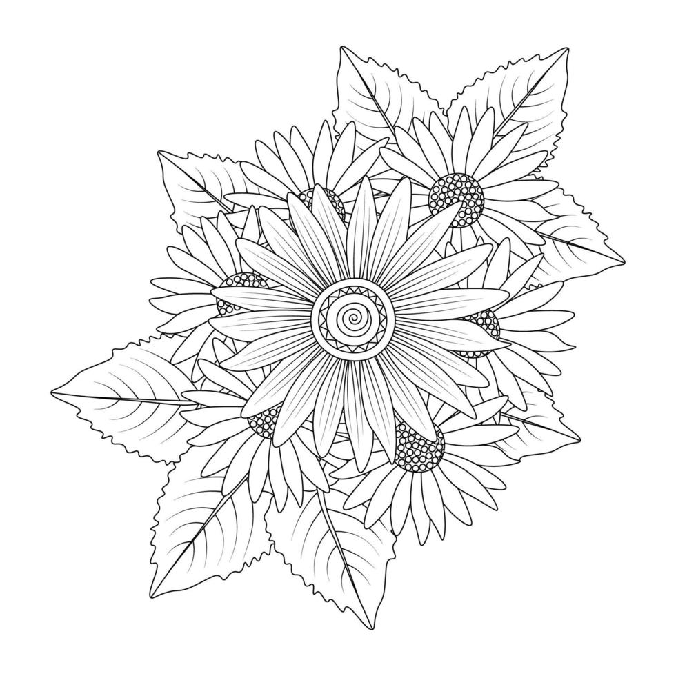 Sonnenblumen Malseite Bleistiftzeichnung von Vektordesign und blühende Blume im Doodle-Design-Stil von Strichzeichnungen vektor