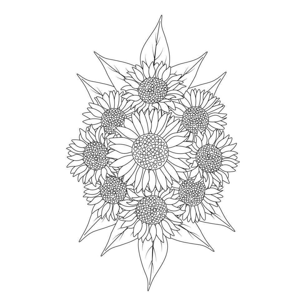 Sonnenblumen Malseite Bleistiftzeichnung von Vektordesign und blühende Blume im Doodle-Design-Stil von Strichzeichnungen vektor
