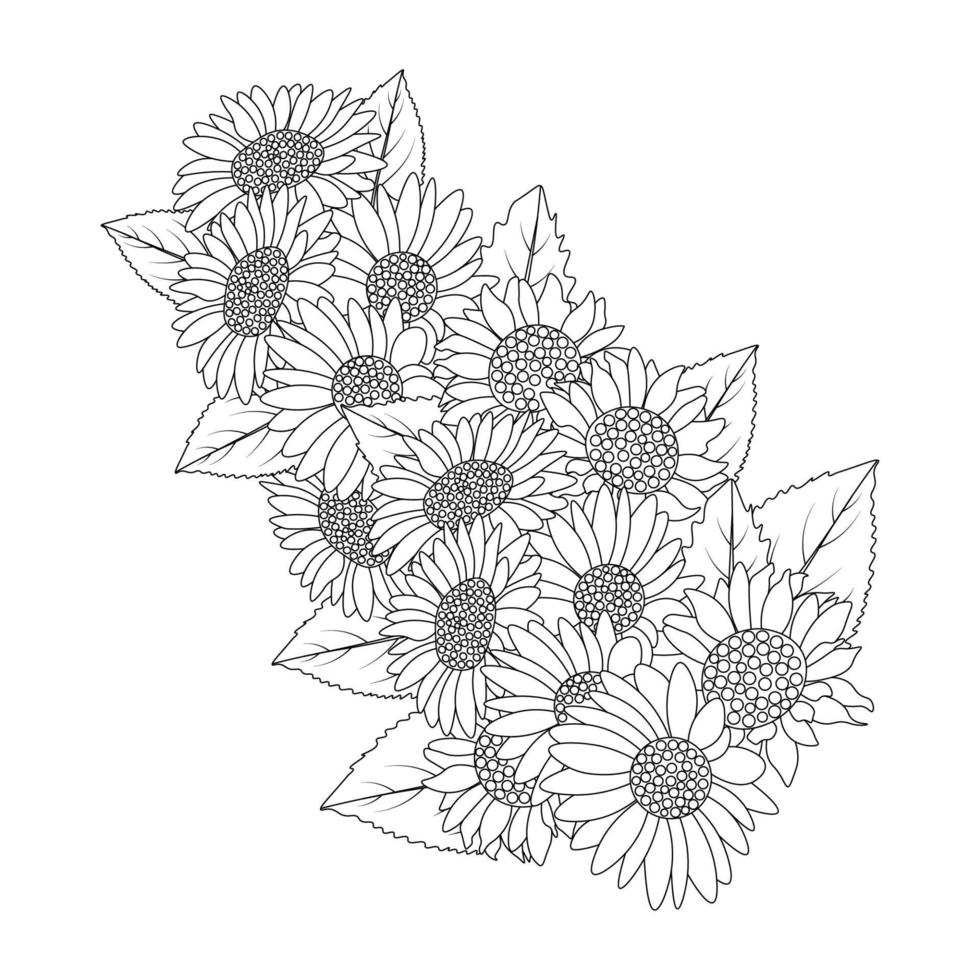 Sonnenblumen Malseite Bleistiftzeichnung von Vektordesign und blühende Blume im Doodle-Design-Stil von Strichzeichnungen vektor
