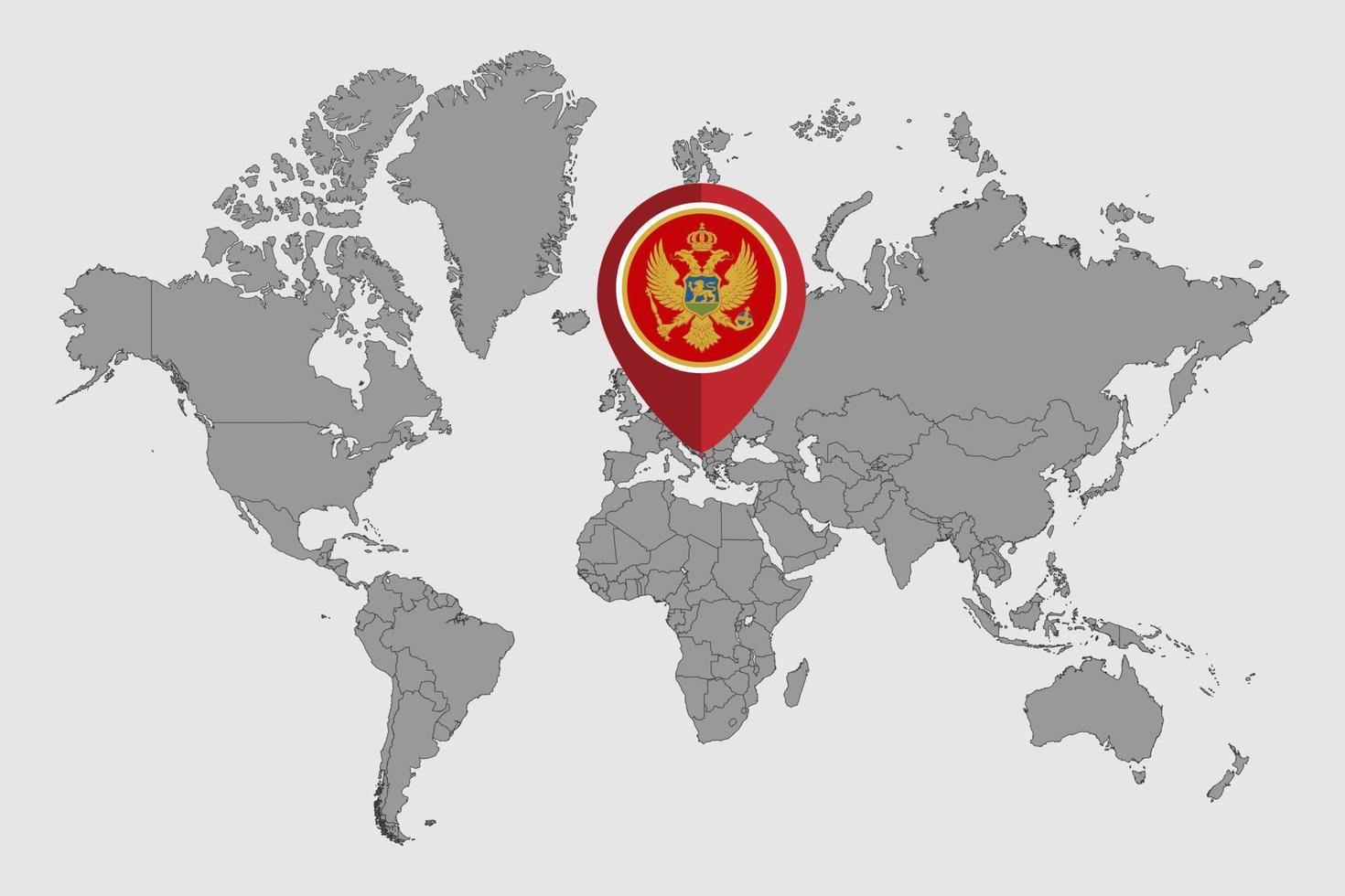 nålkarta med montenegro flagga på världskartan. vektor illustration.