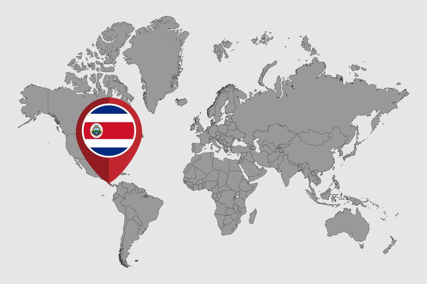 nåla karta med costa rica flagga på världskartan. vektor illustration.