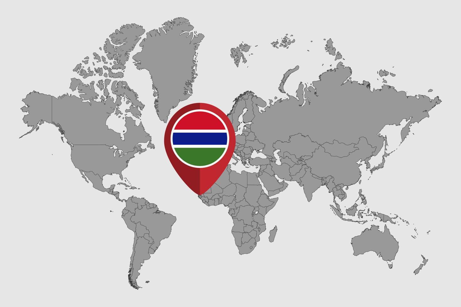 nålkarta med Gambias flagga på världskartan. vektor illustration.