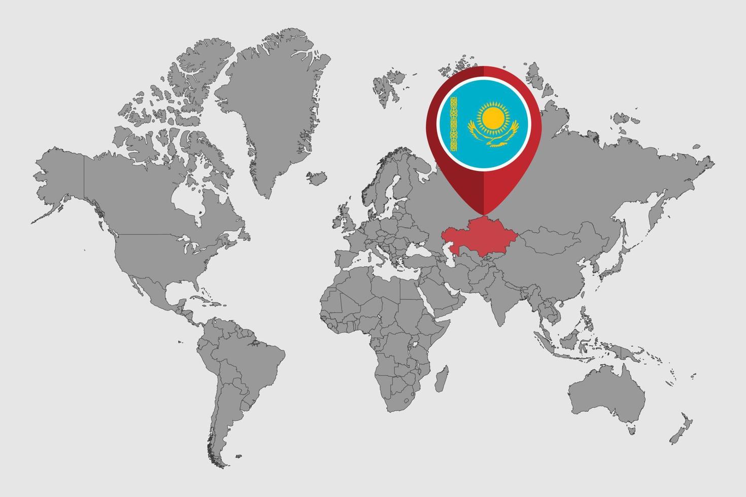 nålkarta med kazakstans flagga på världskartan. vektor illustration.