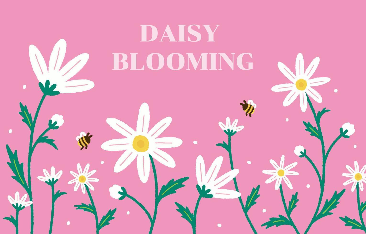 niedlich schön blüte gänseblümchen blume auf feld biene frühling sommer weiß rosa hochzeit einladungskarte vorlage rahmen grenze banner werbung post postkarte drucken horizontale tapete vektorillustration vektor