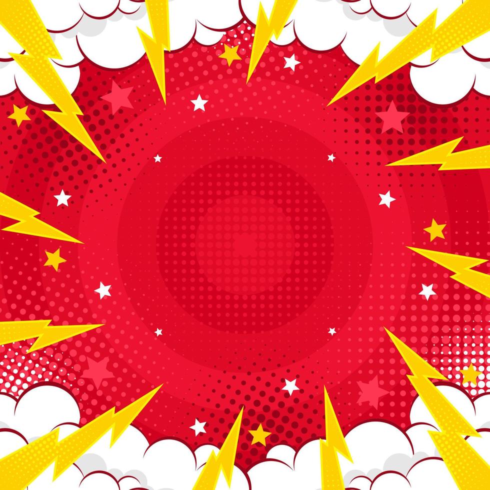 röd abstrakt komisk bakgrund pop- konst bakgrund för affisch eller bok i röd Färg radiell strålar bakgrund med halvton och moln effekt vektor