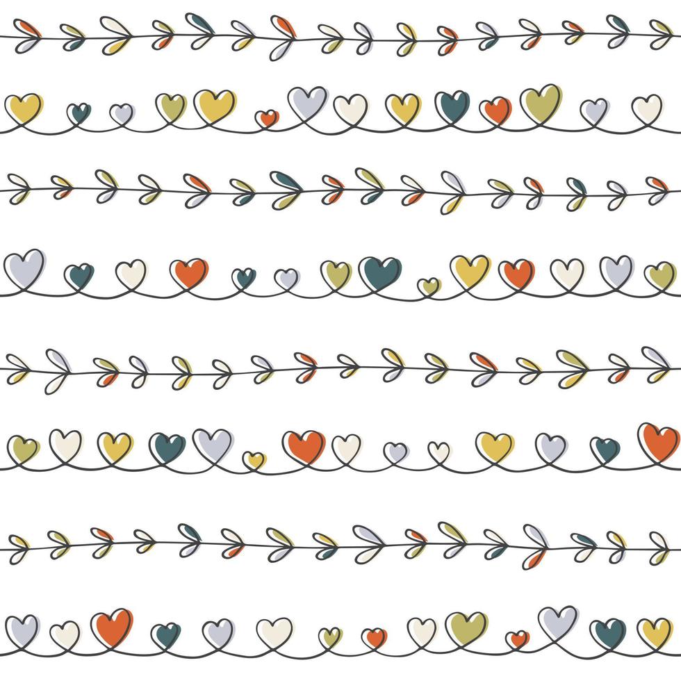 vektor sömlös mönster av hand dragen hjärtan och blommig element. abstrakt bakgrund från söt doodles. virvla runt kurva dekorerad med dekorativ färgad siffror, löv. trendig ändlös textur