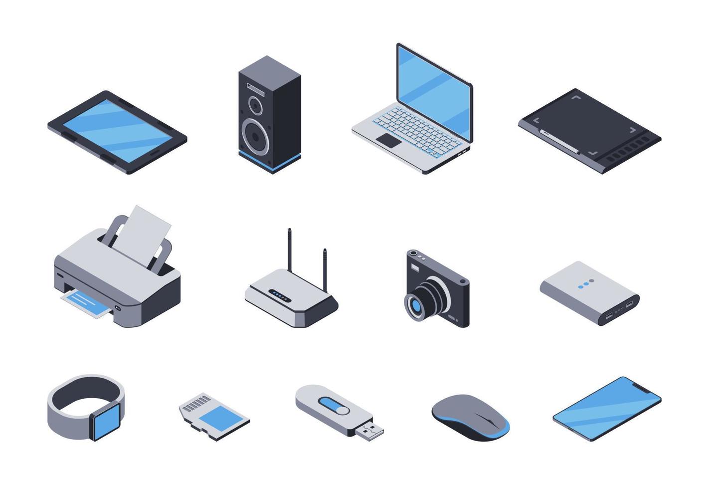 3D-Laptop, Tablet, Drucker, Router, Kamera, Smartphone, Powerbank und andere tragbare Elektronik. Vektorsatz isometrischer Symbole von Computergeräten, Gadgets. Sammlung von Gegenständen der Digitaltechnik vektor