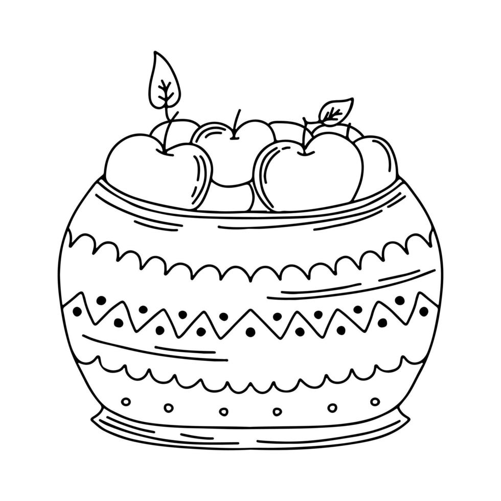 Reife Äpfel in der Keramikschalenillustration lokalisiert auf weißem Hintergrund. Herbsternte von Bio-Äpfeln. handgemalt. Doodle-Stil. vektor