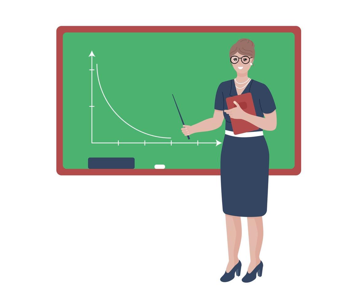 kvinna med pekare Nästa till styrelse. skola lärare karaktär. isolerat på vit bakgrund vektor illustration.