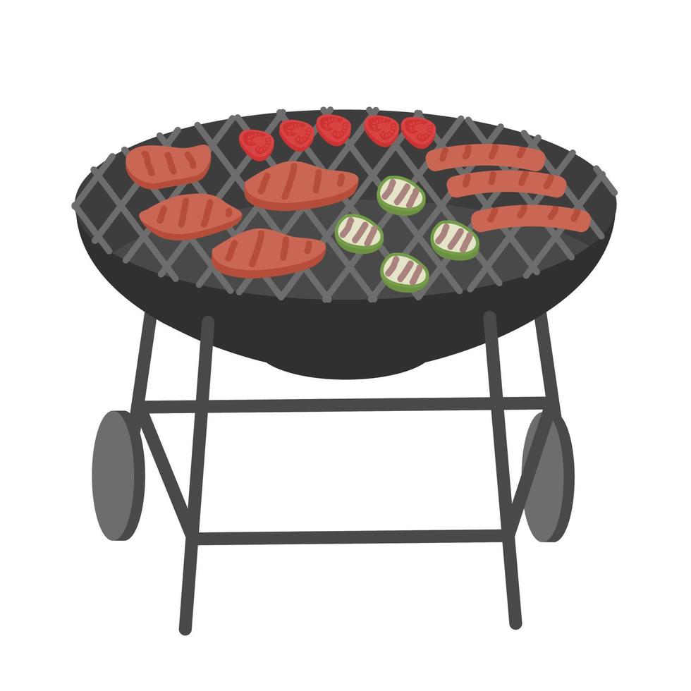 utegrill grill isolerat på vit bakgrund vektor illustration. vattenkokare grill med annorlunda utsökt kött och grönsaker. bbq traditionell matlagning mat.