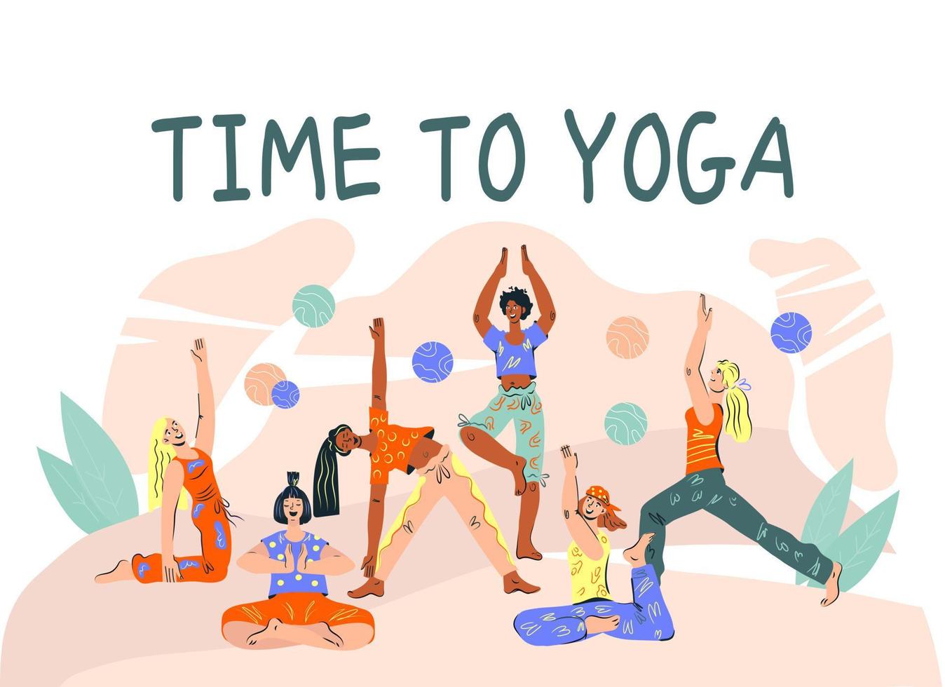 tid till yoga reklam baner med kvinnor håller på med yoga asanas. yoga sinne och kropp balans och meditation klasser och kurser befordran flygblad eller affisch mall. platt tecknad serie vektor illustration.