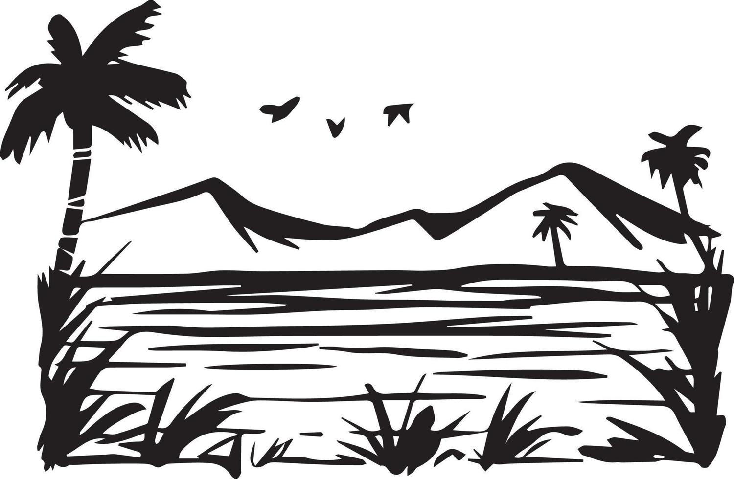 svart och vit linje konst en flod landskap med massor av träd, bergen och några flygande fåglar vektor