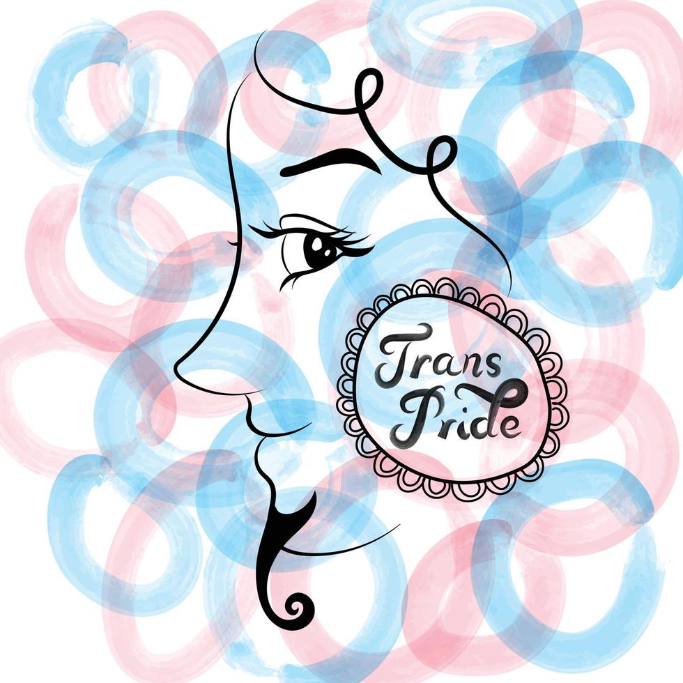 Vektorgrafik einer schönen Transgender-Person mit großen Augen, langen Wimpern, lockigem Haar und Bart, die stolz lächelt und Ohrringe mit Text Trans-Stolz auf hellblauem und rosafarbenem Hintergrund trägt. vektor