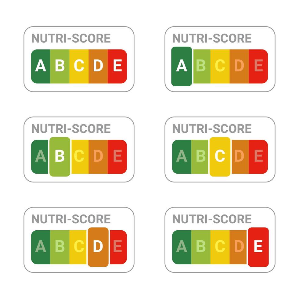 Nutri-Score-Sticker-Set. Nutri-Score-Systemzeichen. Gesundheitsfürsorge für Verpackungen unterzeichnen. Europäisches Nährwertkennzeichen für Lebensmittel. vektor
