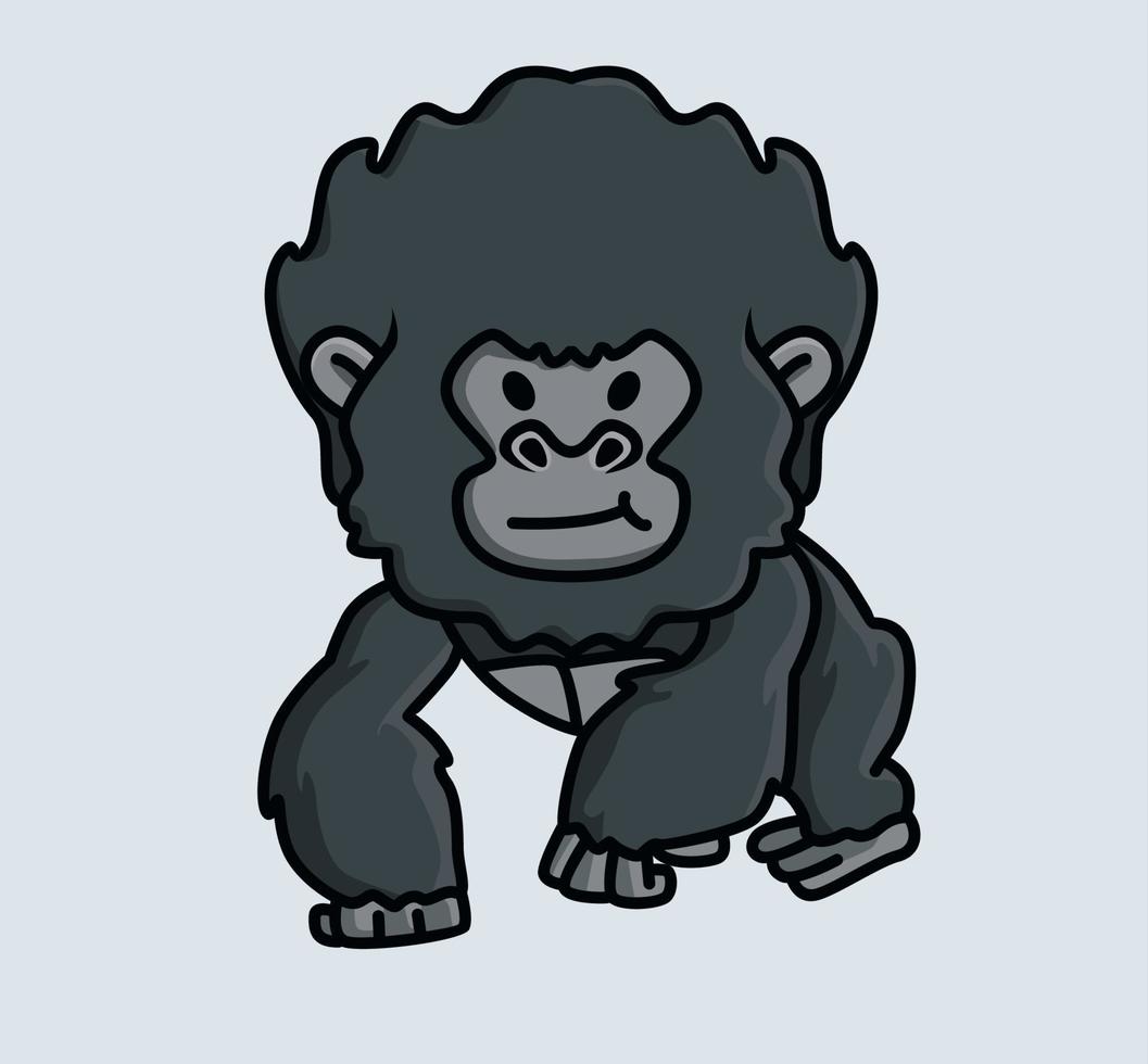 söt bebis ung gorilla apa svart apa. djur- isolerat tecknad serie platt stil ikon illustration premie vektor logotyp klistermärke maskot