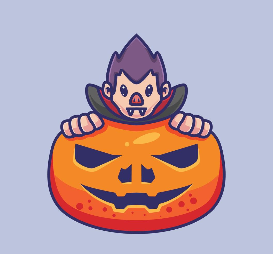 süßes dracula-versteck auf riesigem kürbis. isolierte karikatur-halloween-illustration. flacher Stil geeignet für Aufkleber-Icon-Design Premium-Logo-Vektor. Maskottchen Charakter vektor