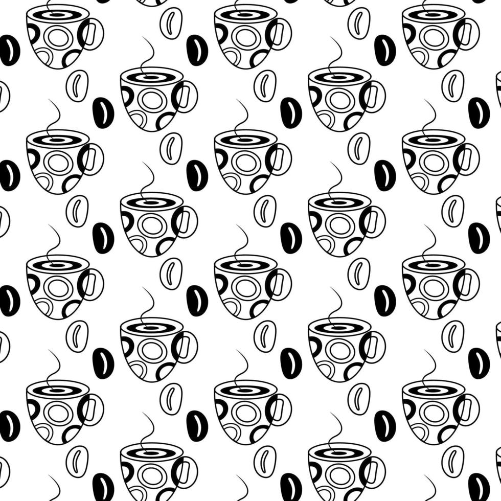 sömlös mönster med kaffe bönor och abstrakt stiliserade kopp på en transparent bakgrund. linje konst vektor
