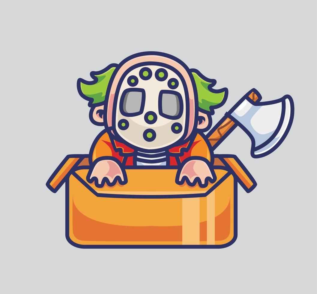 söt clown på de kartong och en yxa. isolerat tecknad serie djur- halloween illustration. platt stil lämplig för klistermärke ikon design premie logotyp vektor. maskot karaktär vektor