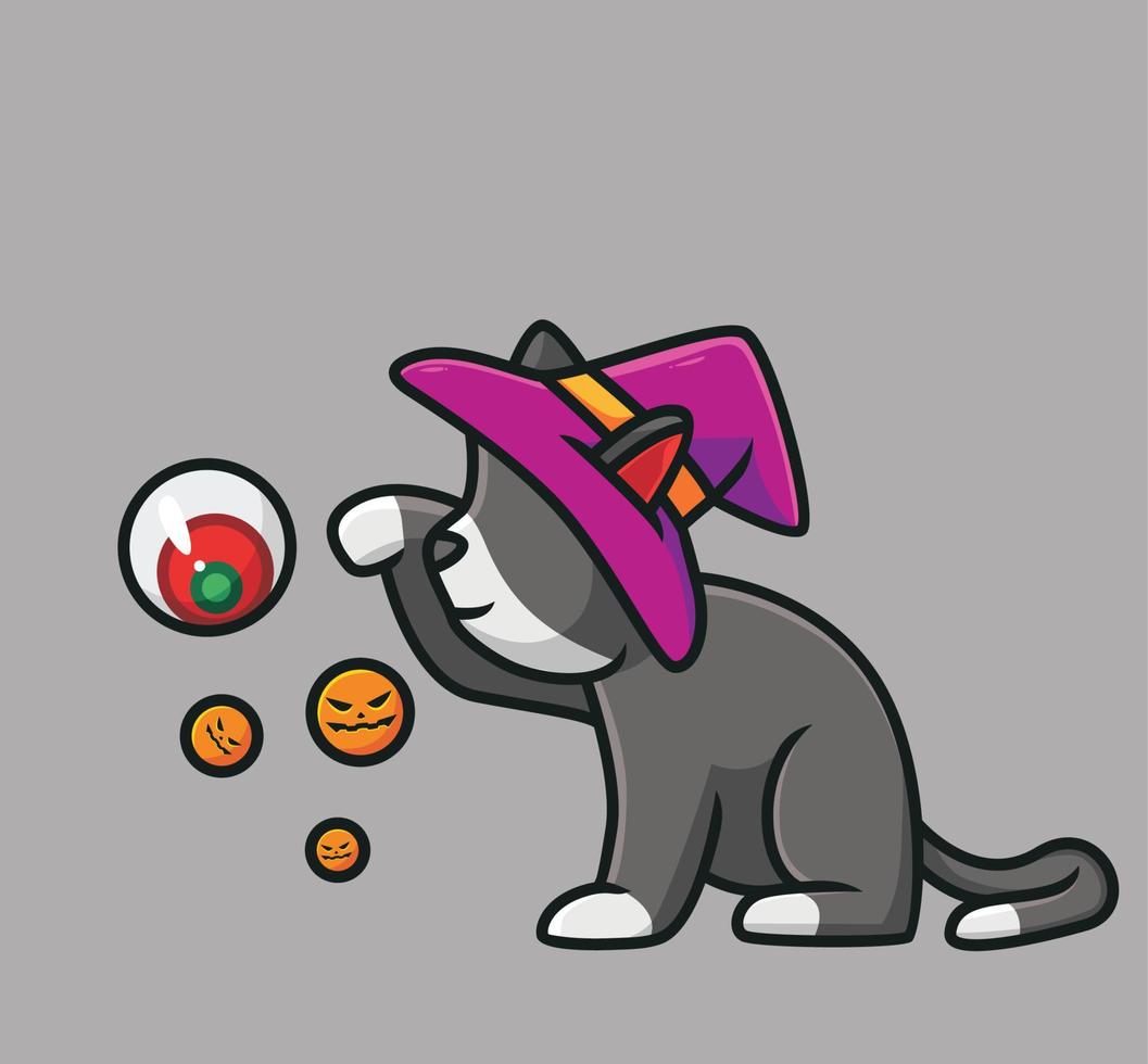 söt katt häxa spelar ögon boll. tecknad serie djur- halloween händelse begrepp isolerat illustration. platt stil lämplig för klistermärke ikon design premie logotyp vektor. maskot karaktär vektor