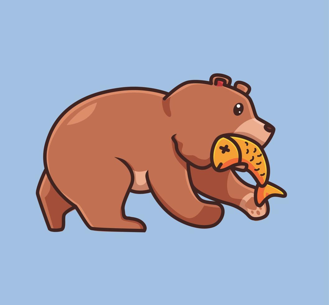 söt grizzly Björn brun fångst en lax fisk på flod. tecknad serie djur- natur begrepp isolerat illustration. platt stil lämplig för klistermärke ikon design premie logotyp vektor. maskot karaktär vektor