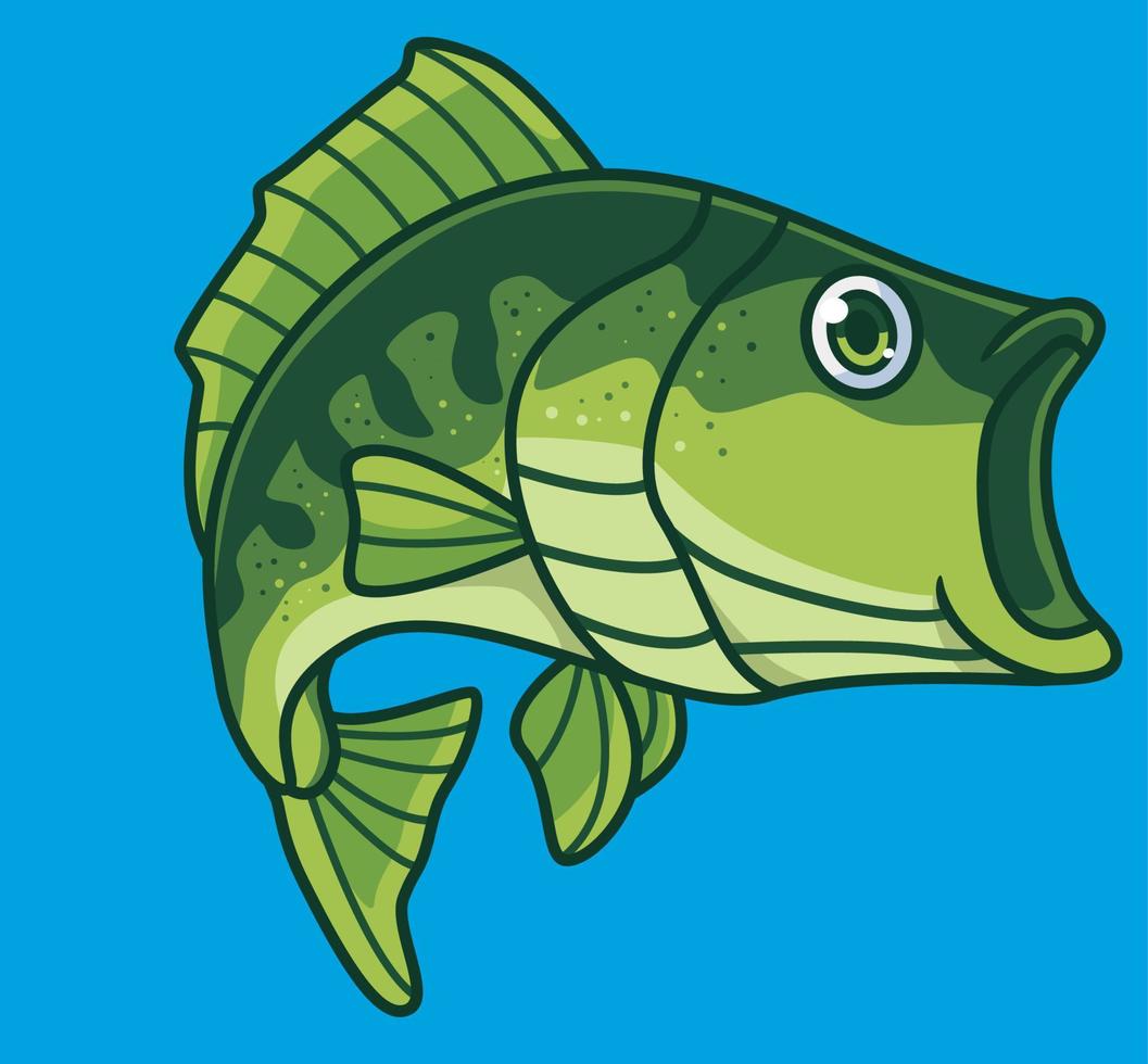söt bas fisk stor mun. isolerat tecknad serie djur- illustration. platt stil klistermärke ikon design premie logotyp vektor. maskot karaktär vektor