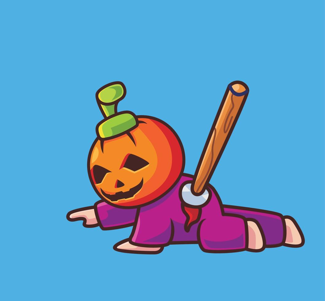 söt pumpa kostym döende. isolerat tecknad serie djur- halloween illustration. platt stil lämplig för klistermärke ikon design premie logotyp vektor. maskot karaktär vektor