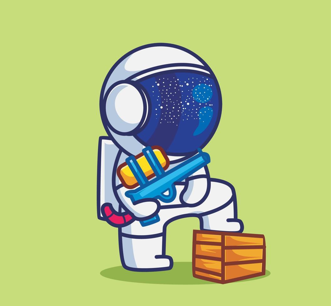 süßer astronaut, der wasserpistole spielt. isolierte illustration des karikaturreiseferienferiensommerkonzeptes. flacher Stil geeignet für Aufkleber-Icon-Design Premium-Logo-Vektor. Maskottchen Charakter vektor