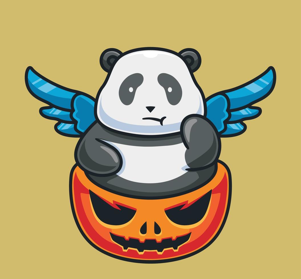 söt panda på jätte pumpa. isolerat tecknad serie djur- halloween illustration. platt stil lämplig för klistermärke ikon design premie logotyp vektor. maskot karaktär vektor