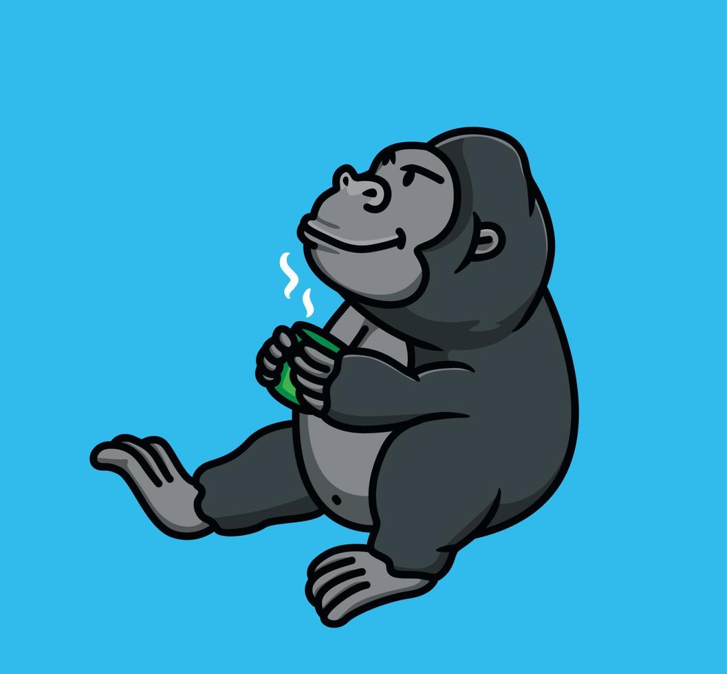 söt tecknad serie gorilla djur- dricka en kopp av kaffe. isolerat platt stil klistermärke webb design ikon illustration premie vektor logotyp maskot karaktär