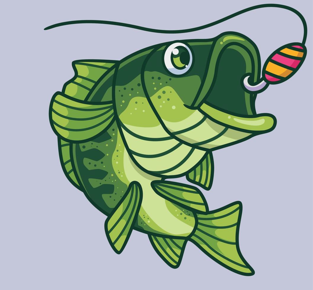 söt fiske sport bas fisk. isolerat tecknad serie djur- illustration. platt stil klistermärke ikon design premie logotyp vektor. maskot karaktär vektor