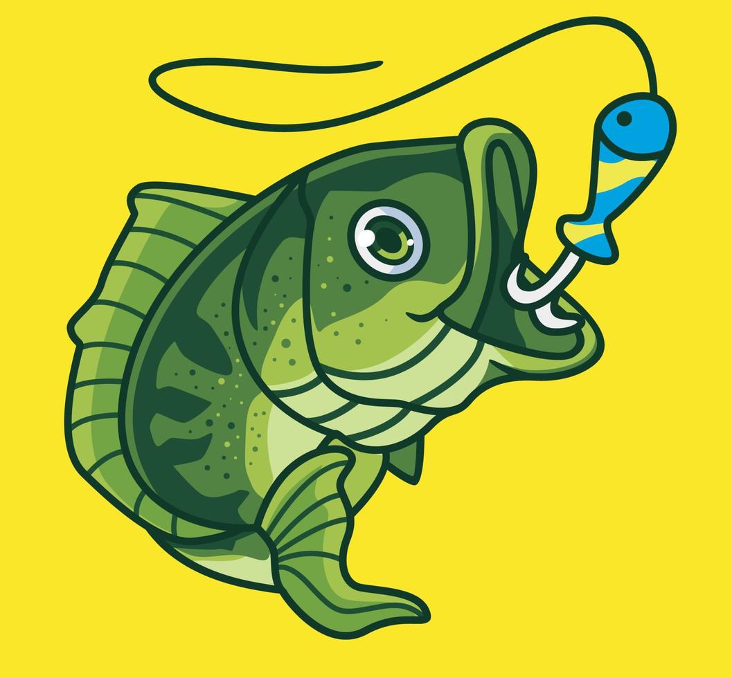 söt fånga bas fisk medan fiske. isolerat tecknad serie djur- illustration. platt stil klistermärke ikon design premie logotyp vektor. maskot karaktär vektor