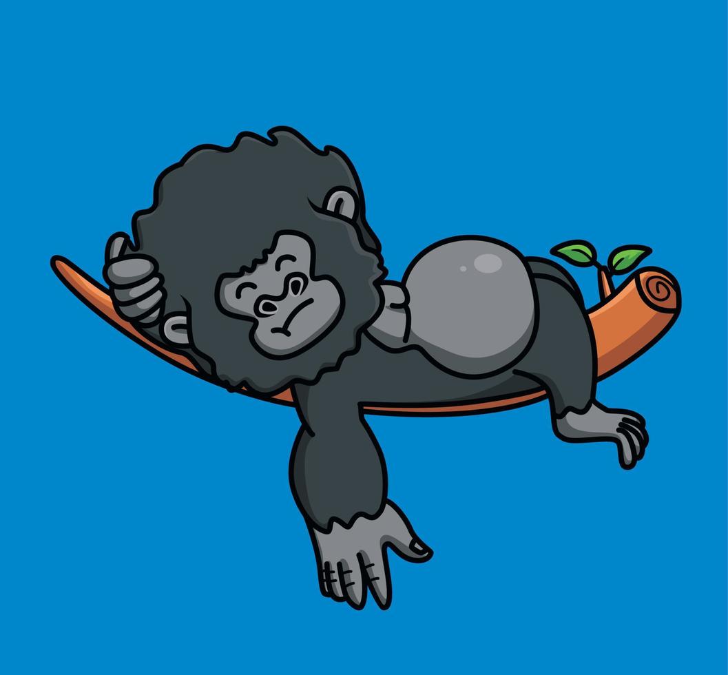 Süßes Baby, junger Gorilla, der auf einem Baumzweig schläft, schwarzer Affe. tier isoliert cartoon flache stil symbol illustration premium vektor logo aufkleber maskottchen