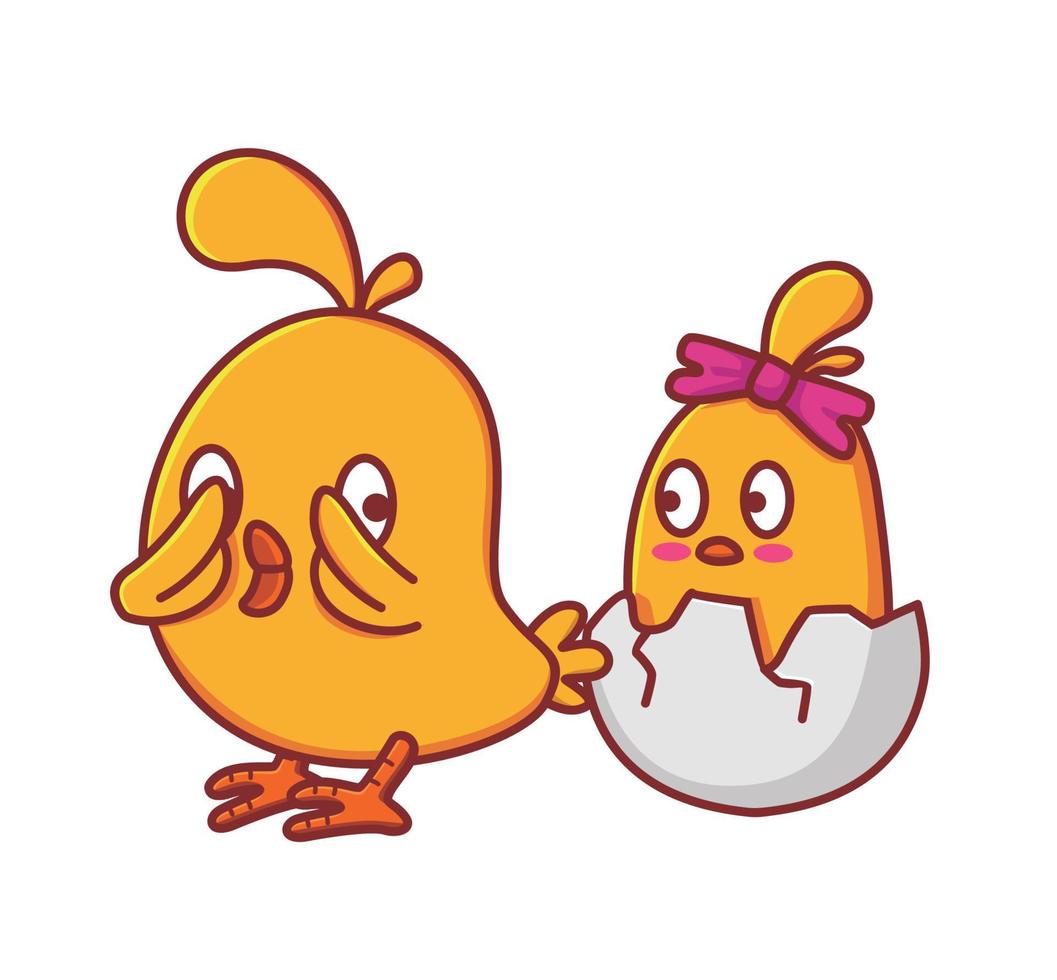 söt kycklingar väntar för hans liten syster skuggning. djur- platt tecknad serie stil illustration ikon premie vektor logotyp maskot lämplig för webb design baner karaktär