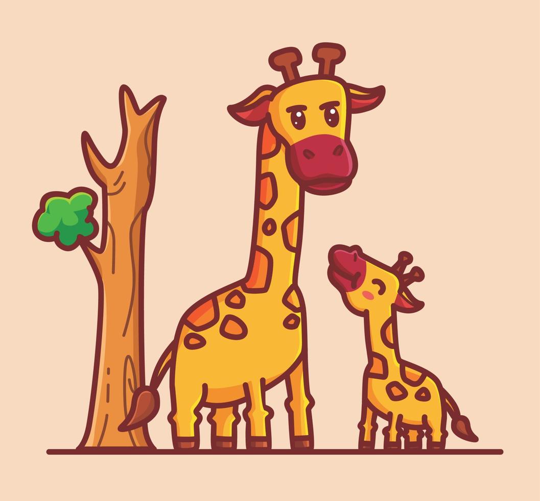 söt bebis giraff och hans mamma. tecknad serie djur- natur begrepp isolerat illustration. platt stil lämplig för klistermärke ikon design premie logotyp vektor. maskot karaktär vektor