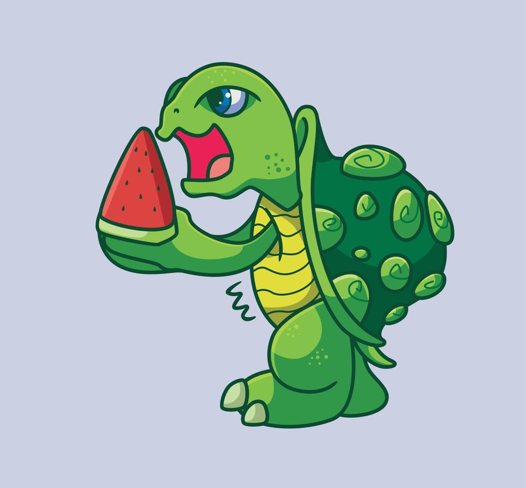 söt sköldpadda äter vattenmelon. isolerat tecknad serie djur- illustration vektor
