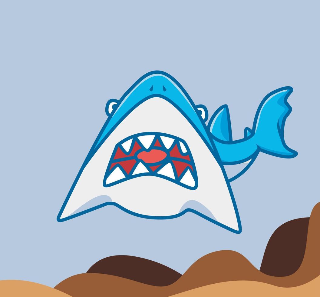 söt tecknad serie haj öppen hans stor mun på under vattnet hav med skarp tänder. djur- isolerat platt stil ikon illustration premie vektor logotyp klistermärke maskot